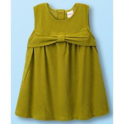 Babyhug Cotton Woven Frock with Full Sleeves Inner Tee Bow Print - Olive Green & White