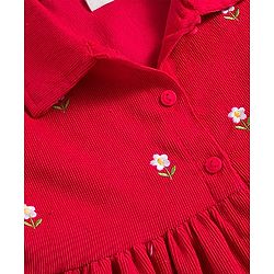 Babyhug Cotton Knit Full Sleeves Front Open Frock with Floral Embroidery - Red