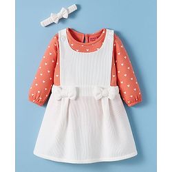 Babyhug Cotton Woven Full Sleeves Frock With Inner Tee & Polka Dot Print & Head Band - Peach & White