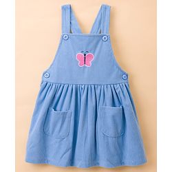 Babyhug Cotton Knit Frock & Full Sleeves Inner Tee With Butterfly Print & Embroidery - Blue & White