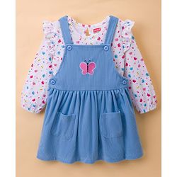 Babyhug Cotton Knit Frock & Full Sleeves Inner Tee With Butterfly Print & Embroidery - Blue & White