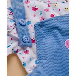 Babyhug Cotton Knit Frock & Full Sleeves Inner Tee With Butterfly Print & Embroidery - Blue & White