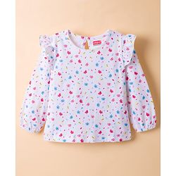 Babyhug Cotton Knit Frock & Full Sleeves Inner Tee With Butterfly Print & Embroidery - Blue & White