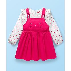 Babyhug Cotton Woven Frock with Full Sleeves Inner Tee & Heart Print - Pink & White
