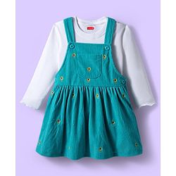 Babyhug Cotton Woven Full Sleeves Inner Tee & Frock with Sunflower Embroidery - Turquoise Blue