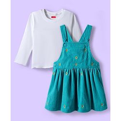 Babyhug Cotton Woven Full Sleeves Inner Tee & Frock with Sunflower Embroidery - Turquoise Blue