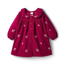 Babyhug Cotton Knit Full Sleeves Front Open Frock with Floral Embroidery - Maroon