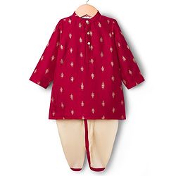 Babyhug Brocade Woven Full Sleeves Kurta Dhoti Set With Floral Foil Print - Red