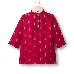 Babyhug Brocade Woven Full Sleeves Kurta Dhoti Set With Floral Foil Print - Red