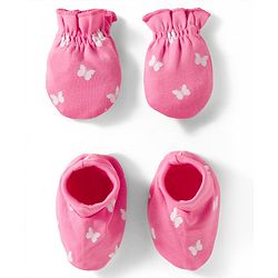 Babyhug 100% Cotton Mittens & Booties Set With Butterfly Print - Pink