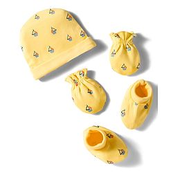 Babyhug 100% Cotton Interlock Knit Cap Mittens & Booties Set With Nautical Print Yellow - Diameter 10 cm