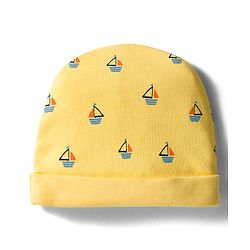 Babyhug 100% Cotton Interlock Knit Cap Mittens & Booties Set With Nautical Print Yellow - Diameter 10 cm