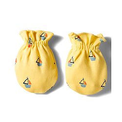 Babyhug 100% Cotton Interlock Knit Cap Mittens & Booties Set With Nautical Print Yellow - Diameter 10 cm