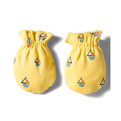 Babyhug 100% Cotton Interlock Knit Cap Mittens & Booties Set With Nautical Print Yellow - Diameter 10 cm