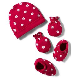Babyhug 100% Cotton Knit Cap Mittens & Booties Set with Floral Print Red - Diameter 11 cm
