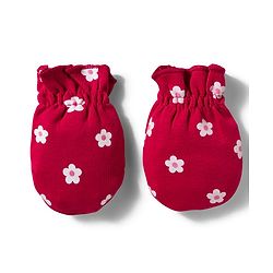 Babyhug 100% Cotton Knit Cap Mittens & Booties Set with Floral Print Red - Diameter 11 cm