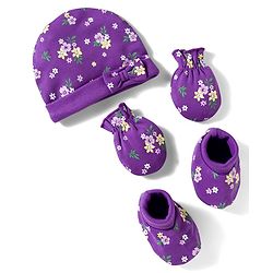 Babyhug 100% Cotton Knit Cap Mittens And Booties Set with Floral Printed Purple - 10 cm Diameter