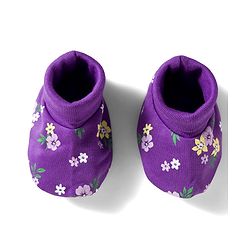 Babyhug 100% Cotton Knit Cap Mittens And Booties Set with Floral Printed Purple - 10 cm Diameter