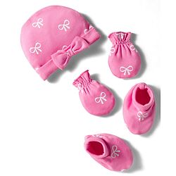 Babyhug 100% Cotton Knit Cap Mittens & Booties Set With Bow Print Pink - Diameter 10 cm