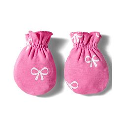 Babyhug 100% Cotton Knit Cap Mittens & Booties Set With Bow Print Pink - Diameter 10 cm