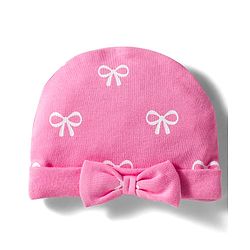Babyhug 100% Cotton Knit Cap Mittens & Booties Set With Bow Print Pink - Diameter 10 cm