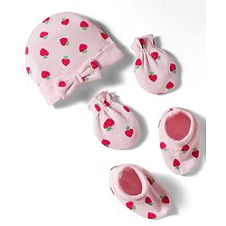 Babyhug 100% Cotton Interlock Knit Cap Mittens & Booties Set with Strawberry Print Pink - Diameter 11 cm