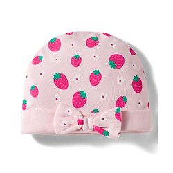 Babyhug 100% Cotton Interlock Knit Cap Mittens & Booties Set with Strawberry & Floral Print & Bow Applique Pink - Diameter 11 cm