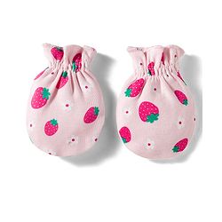 Babyhug 100% Cotton Interlock Knit Cap Mittens & Booties Set with Strawberry & Floral Print & Bow Applique Pink - Diameter 11 cm