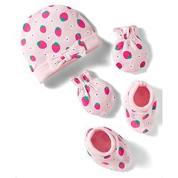 Babyhug 100% Cotton Interlock Knit Cap Mittens & Booties Set with Strawberry & Floral Print & Bow Applique Pink - Diameter 11 cm