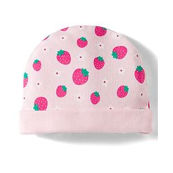 Babyhug 100% Cotton Interlock Knit Cap Mittens & Booties Set with Strawberry & Floral Print & Bow Applique Pink - Diameter 11 cm