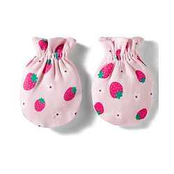 Babyhug 100% Cotton Interlock Knit Cap Mittens & Booties Set with Strawberry & Floral Print & Bow Applique Pink - Diameter 11 cm