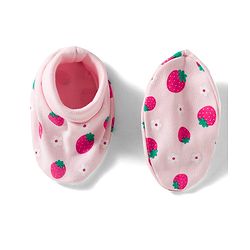 Babyhug 100% Cotton Interlock Knit Cap Mittens & Booties Set with Strawberry & Floral Print & Bow Applique Pink - Diameter 11 cm
