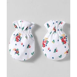 Babyhug 100% Cotton Knit Cap Mittens & Booties With Floral Print White - Diameter 10 cm