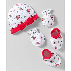 Babyhug 100% Cotton Knit Cap Mittens & Booties With Floral Print White - Diameter 10 cm
