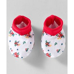 Babyhug 100% Cotton Knit Cap Mittens & Booties With Floral Print White - Diameter 10 cm