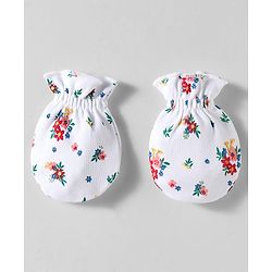 Babyhug 100% Cotton Knit Cap Mittens & Booties With Floral Print White - Diameter 10 cm