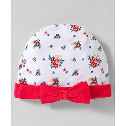 Babyhug 100% Cotton Knit Cap Mittens & Booties With Floral Print White - Diameter 10 cm