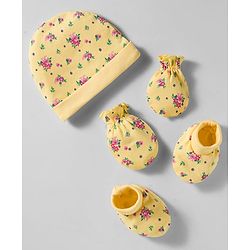 Babyhug 100% Cotton Interlock Knit Cap Mittens & Booties Set With Floral Print Yellow - Diameter 12 cm