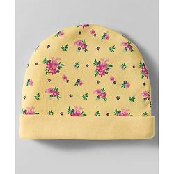 Babyhug 100% Cotton Interlock Knit Cap Mittens & Booties Set With Floral Print Yellow - Diameter 12 cm
