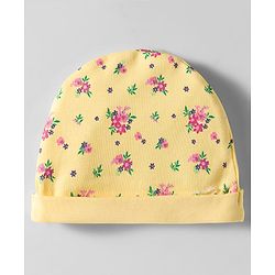Babyhug 100% Cotton Interlock Knit Cap Mittens & Booties Set With Floral Print Yellow - Diameter 12 cm