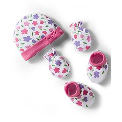 Babyhug 100% Cotton Interlock Knit Cap Mittens & Booties Set with Floral Print & Bow Applique White & Pink - Diameter 11 cm
