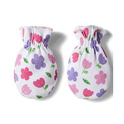 Babyhug 100% Cotton Interlock Knit Cap Mittens & Booties Set with Floral Print & Bow Applique White & Pink - Diameter 11 cm