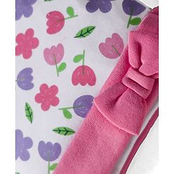 Babyhug 100% Cotton Interlock Knit Cap Mittens & Booties Set with Floral Print & Bow Applique White & Pink - Diameter 11 cm