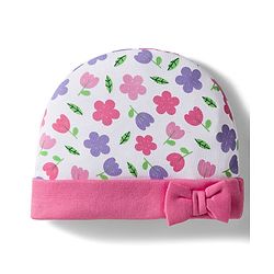 Babyhug 100% Cotton Interlock Knit Cap Mittens & Booties Set with Floral Print & Bow Applique White & Pink - Diameter 11 cm