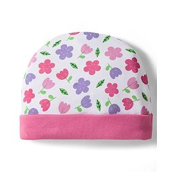 Babyhug 100% Cotton Interlock Knit Cap Mittens & Booties Set with Floral Print & Bow Applique White & Pink - Diameter 11 cm