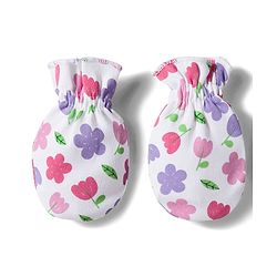 Babyhug 100% Cotton Interlock Knit Cap Mittens & Booties Set with Floral Print & Bow Applique White & Pink - Diameter 11 cm