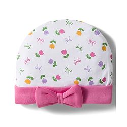 Babyhug 100% Cotton Interlock Knit Cap Mittens & Booties Set with Floral Print & Bow Applique White & Pink - Diameter 10 cm