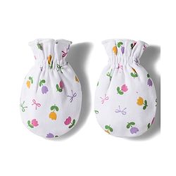 Babyhug 100% Cotton Interlock Knit Cap Mittens & Booties Set with Floral Print & Bow Applique White & Pink - Diameter 10 cm