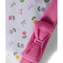 Babyhug 100% Cotton Interlock Knit Cap Mittens & Booties Set with Floral Print & Bow Applique White & Pink - Diameter 10 cm