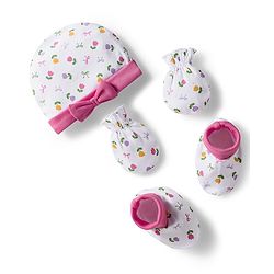 Babyhug 100% Cotton Interlock Knit Cap Mittens & Booties Set with Floral Print & Bow Applique White & Pink - Diameter 10 cm